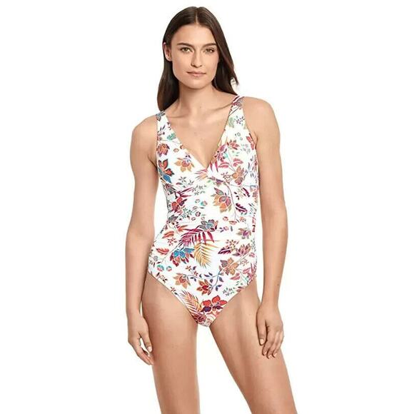 LRL Ralph Lauren Womens White Floral Jacobean One Piece Slimming Swimsuit 14/XXL - Picture 1 of 8